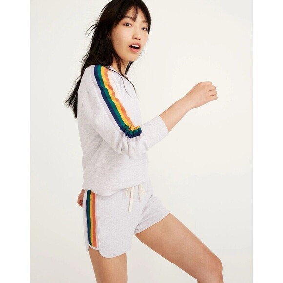 Madewell Sweatshirt Womens 2XS Gray Rainbow Inset Crop Crew Neck Pullover - Picture 2 of 11